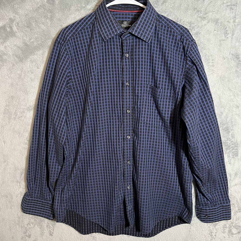 Bugatchi Uomo Men’s Large Button Up Dress Shirt Blue Geometric‎ Cotton
